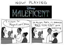 siderealscion:  mALEFISHIENT, MARK I’ve been meaning to make work-related comics forever, so enjoy some choice movie title bastardizations. (these all actually, seriously, happened, with no humor or awareness on the part of the customer at the time
