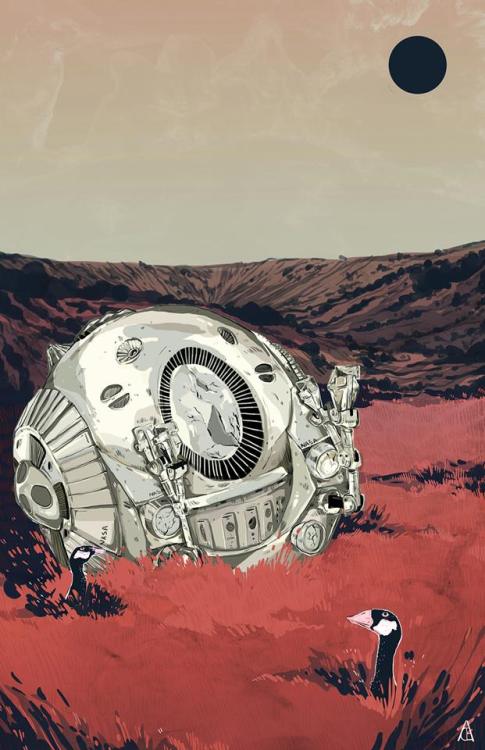 christin-engelberth-illustration:Stranded spaceship drawing ft. some dumb geese