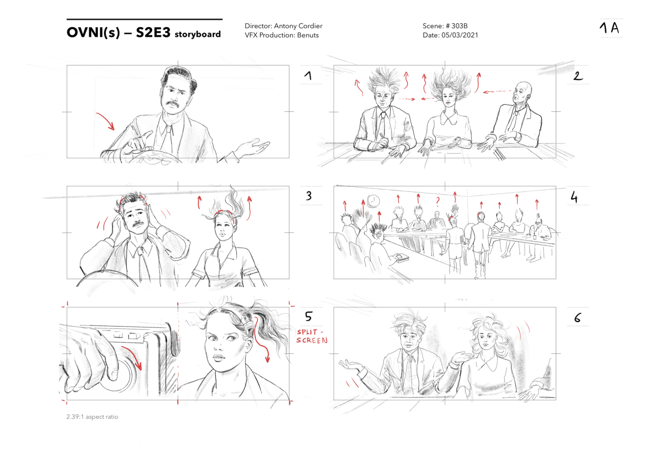 OVNIs, storyboard pour la saison 2, épisode 3. Scène #303B.
Réalisateur: Antony Cordier Post production: Benuts