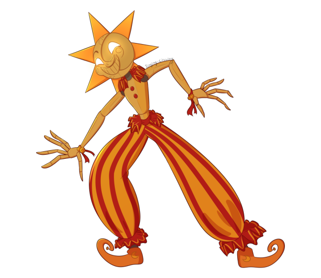 the "Sun" side of the Daycare Attendant, a friendly jester-like animatronic with a sun for a head. he is wearing poofy red and gold stripped pants, belled ribbons around his wrist, and curl-toed shoes