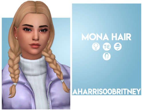 aharris00britney:Mona HairBGCHat Compatible18 EA ColorsCustom Thumbnails for all filesTwo Versions; 