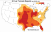 Due to recent events, here’s a simple map of the annual tornadoes reported in the United States per every 10,000 square miles.
[[MORE]]
GympieGympie:
“  It should also be noted that 10,000 square miles is a square with a height and width of 100...