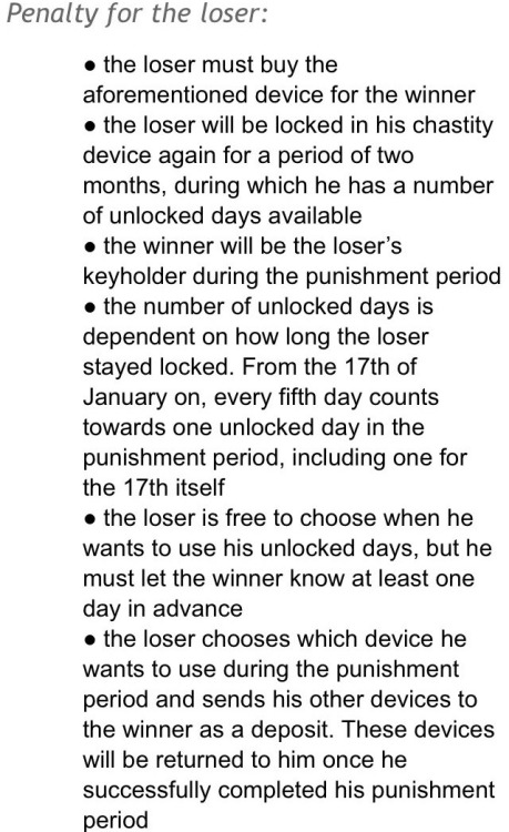 bavarianboi:  Plus, I’ve got this New Years Chastity Challenge going on. The rules are quite harsh but I’m determined not to loose! :) 