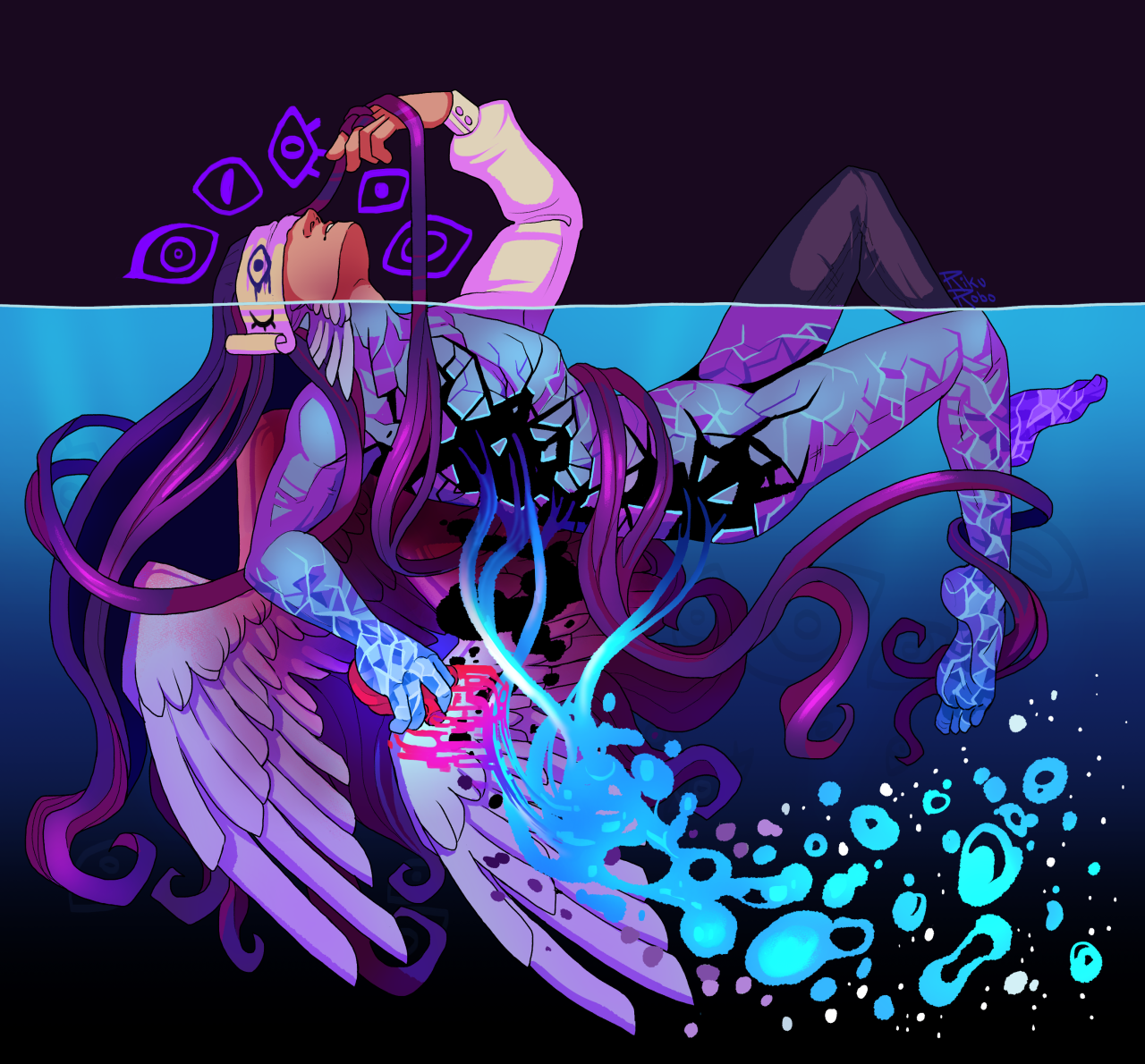 #original art#eldritch #artists on tumblr #wings#eyes#statues#water#oc#oc art#oc adrian#eldritch aesthetic#ethereal #hello I am alive and return with the most self-indulgent art  #I am trying to get back into art and streaming things  #thank you for sticking around #digital art
