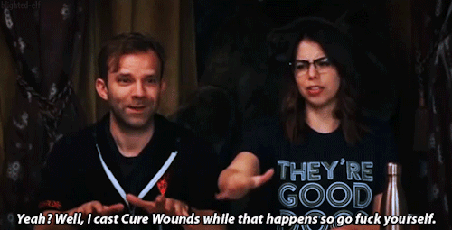 [GIF description: a GIFset of Liam O’Brien and Laura Bailey on the set of Critical Role during the f
