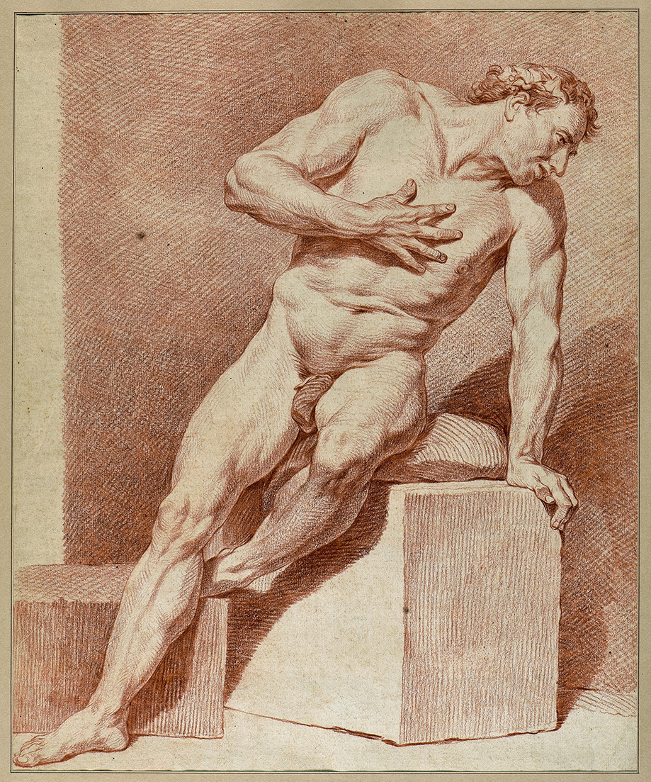 French school 18th century - Academic study of a male nude, sanguine, 44,5 x 36,5