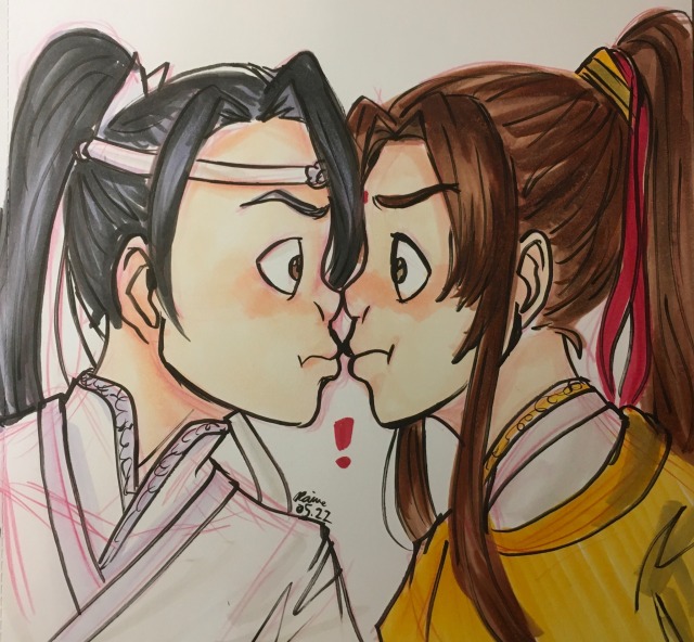 A cartoonish drawing of Lan Jingyi and Jin Ling accidentally kissing. Their eyes are wide with tiny irises. Their noses are pressed together and they both look alarmed. Jin Ling wears gold and has his hair up in a ponytail. Jingyi wears white and also has a ponytail.