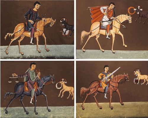 The four horsemen as featured in the “Bamberger Apokalypse” Folio 14 recto (ca. 1000 AD) – Bamberg, 