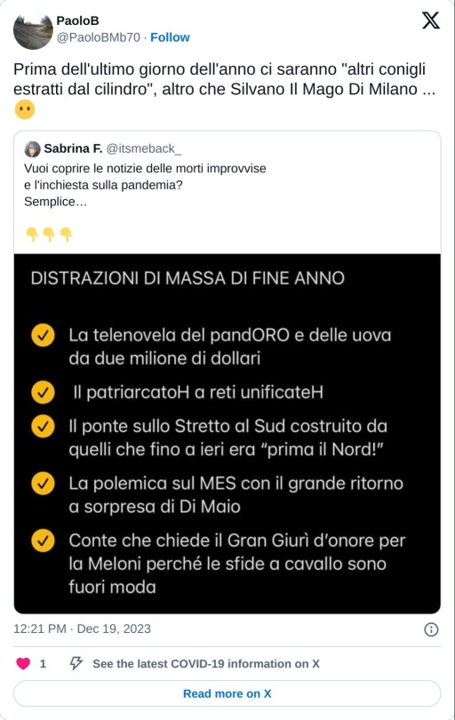 Prima dell'ultimo giorno dell'anno ci saranno "altri conigli estratti dal cilindro", altro che Silvano Il Mago Di Milano ... 😶 https://t.co/PW9elyx6H6  — PaoloB (@PaoloBMb70) December 19, 2023