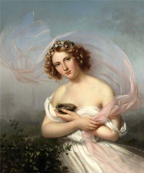 Marie Adelaide Kindt A young girl in a white dress with a pink veil and flowers in her hair, holding