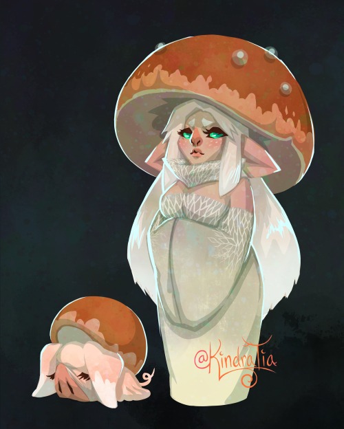 Working on a series of mushroom goblin girls and their pets as adoptables :) This is Miss Bolete 