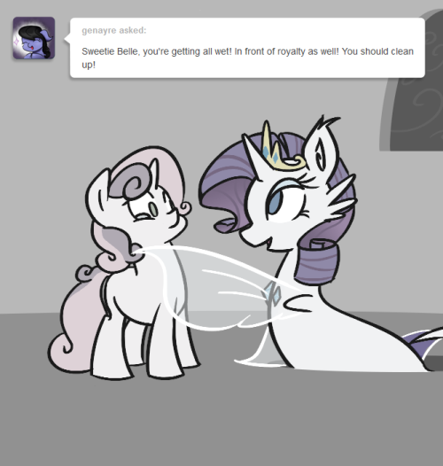 scootalootheadventurer:  “So I’m your sister eh? Well my dear, that makes you a princess, does it not?” You find this whole scene of utmost tenderness. Sweetie Belle seems quite happy with Queen Rarity.  D'aww <3