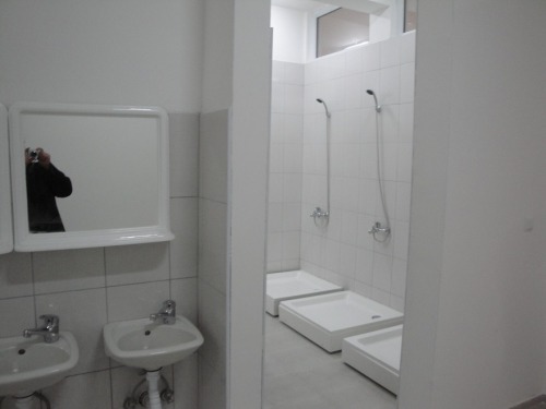 Boy’s shower room at Shkolla Nazim Kokollari, a newly constructed school in Prizren, Kosovo.