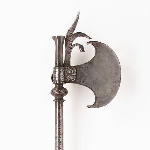 art-of-swords:  Rare combined Axe and Matchlock Pistol Dated: 17th century Culture: South Indian Measurements: 86.2cm (34 inches) Provenance: Robin Wigington, The Arms & Armour Gallery, Poet’s Arbour Formed with crescentic blade with reinforced