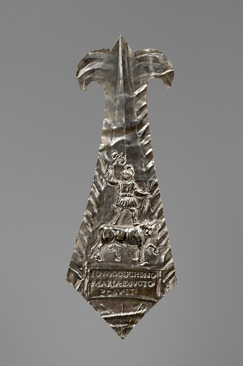 Silver votive for Jupiter Dolichenus.Consecration to Jupiter Dolichenus on the bull: I (ovi) O (ptim