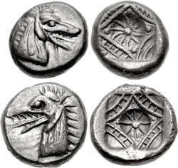 archaicwonder:  Ancient Sea Monster Coins,