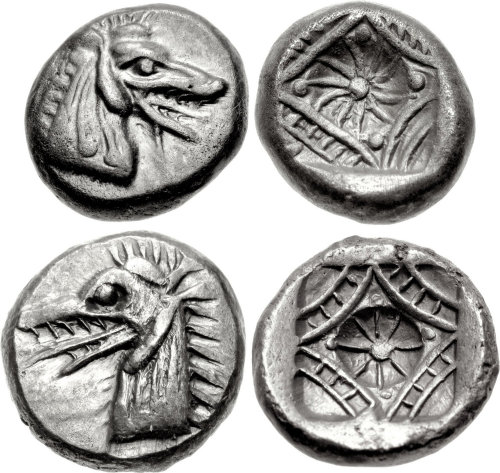 archaicwonder:  Ancient Sea Monster Coins, C. 510-480 BCOn the obverse of these Greek tetrobols from the ancient city of Kindya in Caria is the head of a sea monster known as a ketos with its tongue protruding. On the other side is a geometric pattern