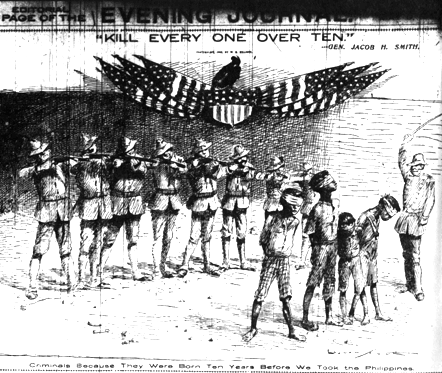 A New York Journal editorial cartoon criticizing American general Jacob Smith’s order in the Philipp