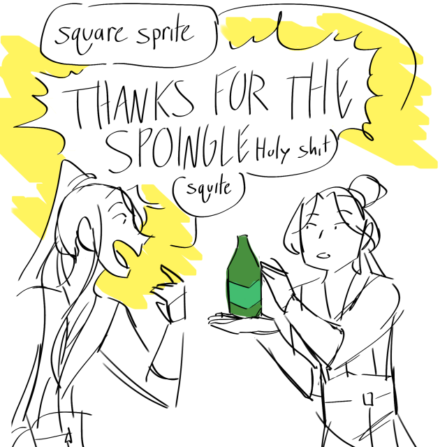 Jiang Cheng shows the square sprite to Wei Wuxian, saying "square sprite". Wei Wuxian enthusiastically yells, "Thanks for the spoingle- holy shit squite."