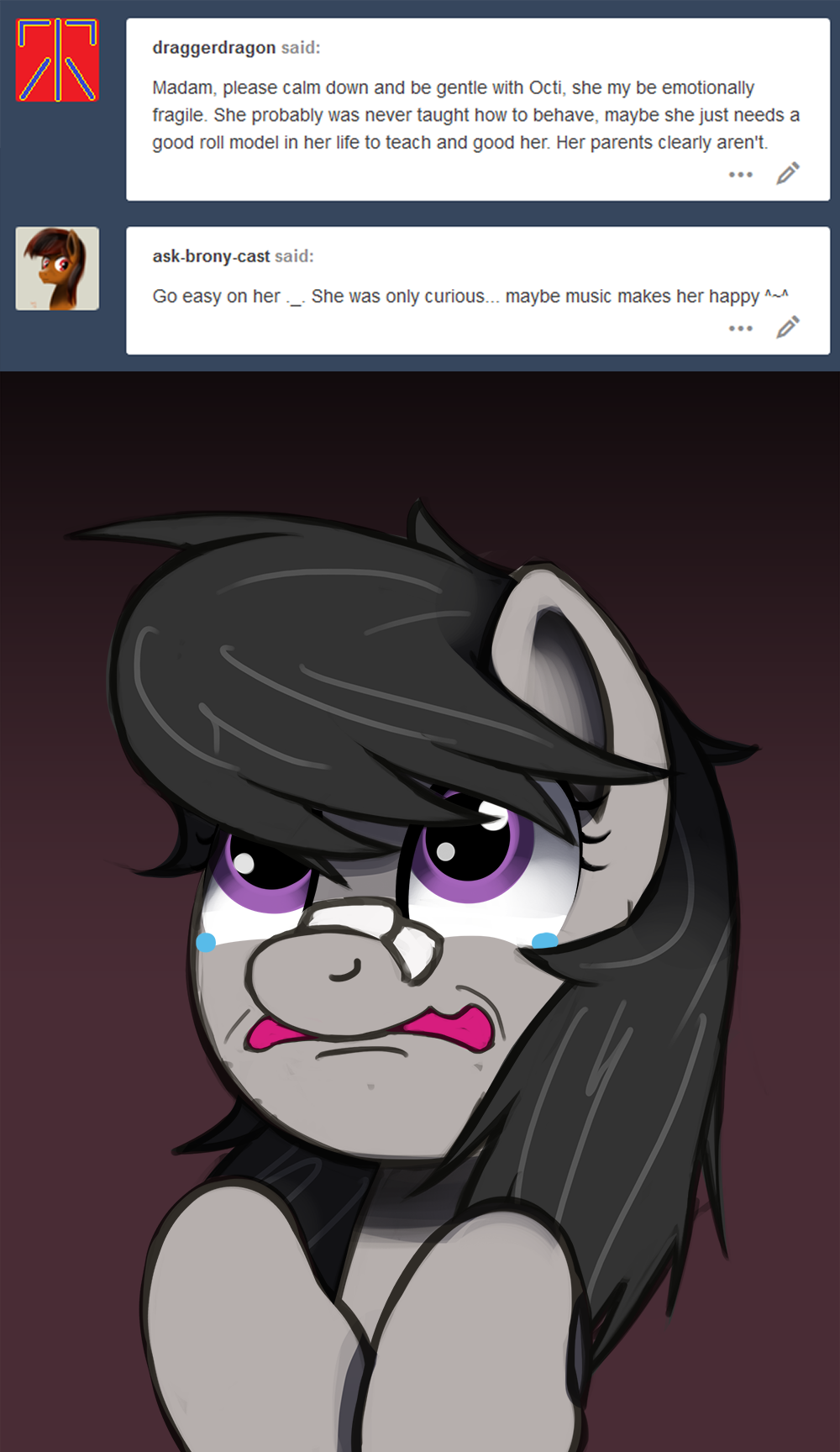 ask-canterlot-musicians:She knows that look. Just not from her. Oh Octy ;w;