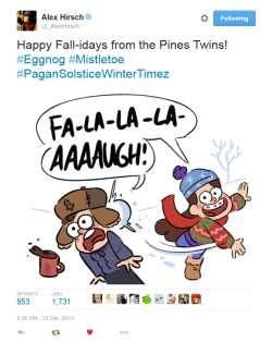 leadhooves:  liz-pls:  hntrgurl13:  saisai-chan:   [source] gentle reminder that you can draw the Pines family as any religion you want (if any at all) Happy Holidays everyone!   Did someone seriously tell ALEX HIRSCH  that HIS characters that HE CREATED