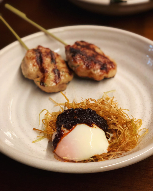 Preserved lemon chicken tsukune, onsen egg ‘bird meat’ & chili rayu. ___ #shotoniphone #portrait