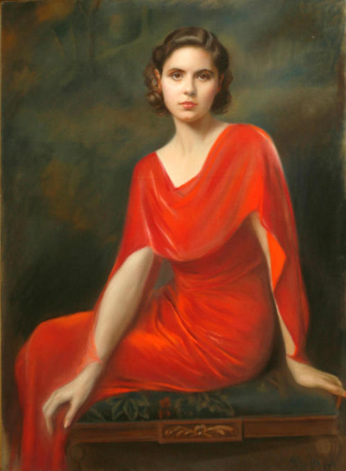 dentelledeperle:Edmund PizzelaA portrait of a lady in red, 1933