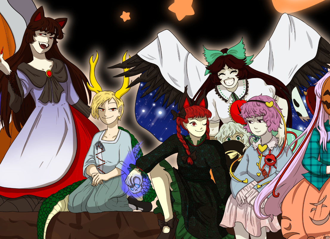 A little late, but I finished my art for Halloween.  Featuring a collection of Touhou characters that i think capture 