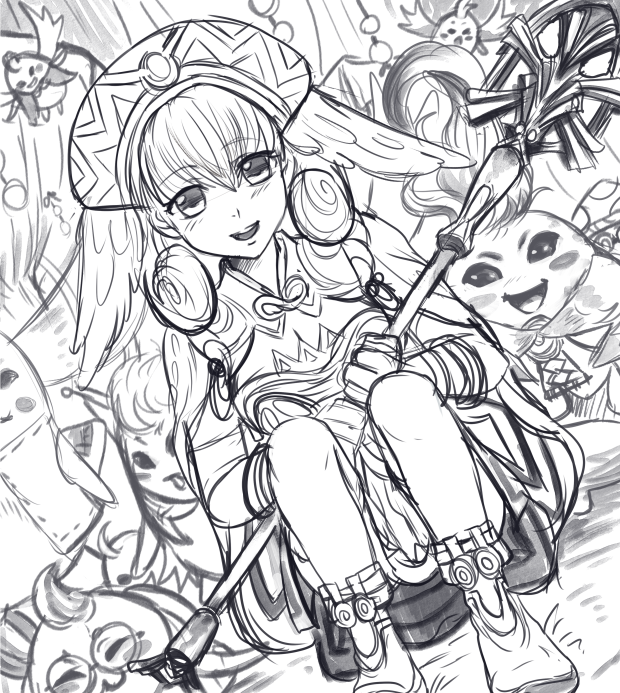 falynevarger:  Finished the lineart! Melia hanging out with Riki and the Nopon of