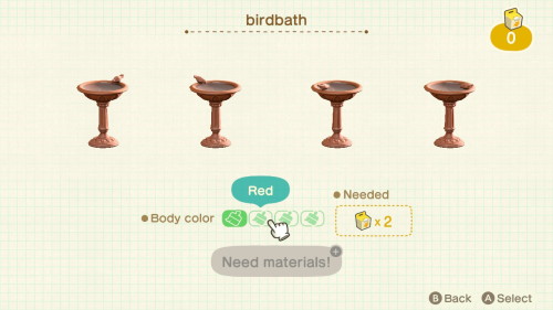 Item: birdbath# of customizations: 4Customization names: natural, red, white, blackCustom kits neede