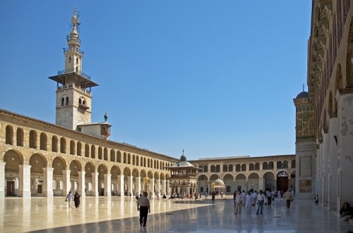 The great Umayyad mosque of Damascus, built in 715. The mosque is built on the foundation of a Chris