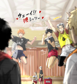 hai-kyuu:  Hinata, Kuroo and Bokuto decide to try on their partner’s t-shirts. Kageyama, Kenma and Akaashi aren’t impressed. Lev decides it looks like fun!ウェーイ！！彼シャツー♥（Tシャツ） by KKCHPosted with permission of the artist!