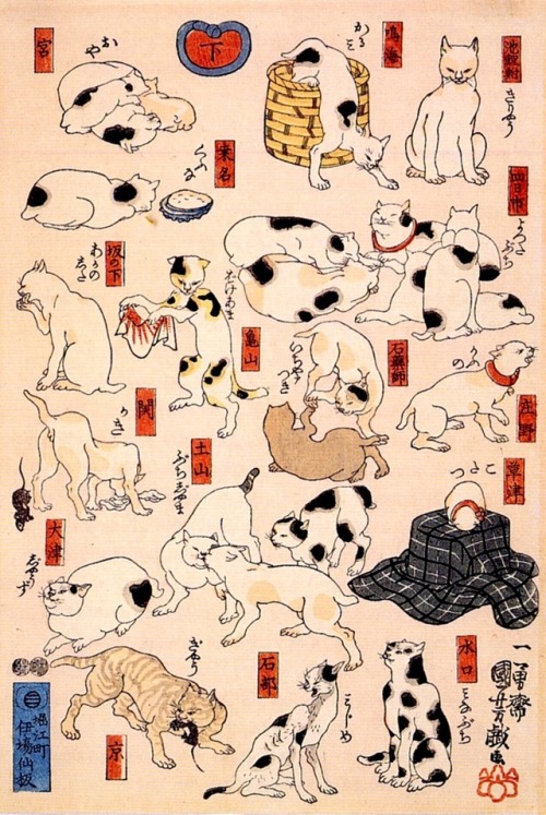 utagawa kuniyoshi, cats suggested as the fifty-three stations of the tōkaidō, 1843