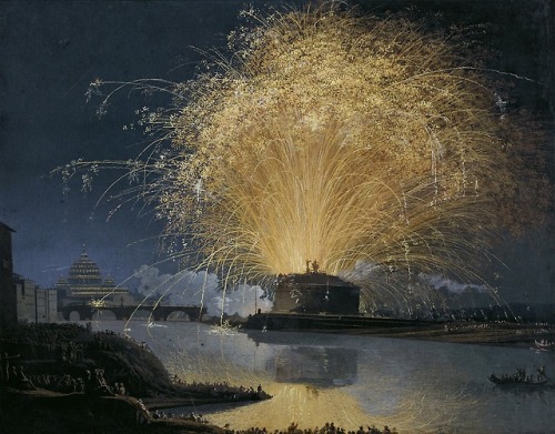 oldpaintings:Fireworks over Castel Sant'Angelo in Rome, c.1775 by Jacob Philipp Hackert (German, 173