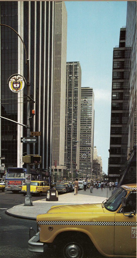 nycnostalgia:  Checker cabs at 6th Ave and 45th Street, 1978. 