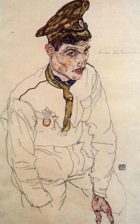 expressionism-art: Russian Prisoner of War (Grigori Kladjishuli), 1916, Egon SchieleMedium: watercol