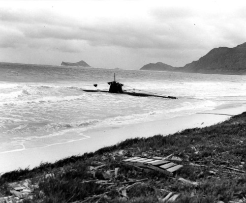 The Japanese Type A midget submarine Ha-19 beached at Waimanalo. The single crew submarine was one o