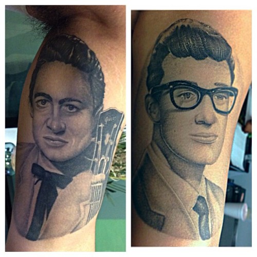bigjawn13:  Healed pics of Johnny cash and buddy holly #legendsofrock #rockstars #rockabilly #johnnycash #buddyholly #tattoosbyjohnnyray #missiontattoo 