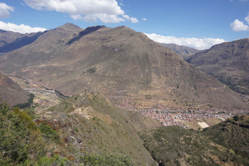 Pisac hike through the archeological site near the town of Pisac in the Sacred Valley, Peru