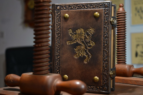 Medieval styled leather journal with heraldic lion on the front and back cover…
