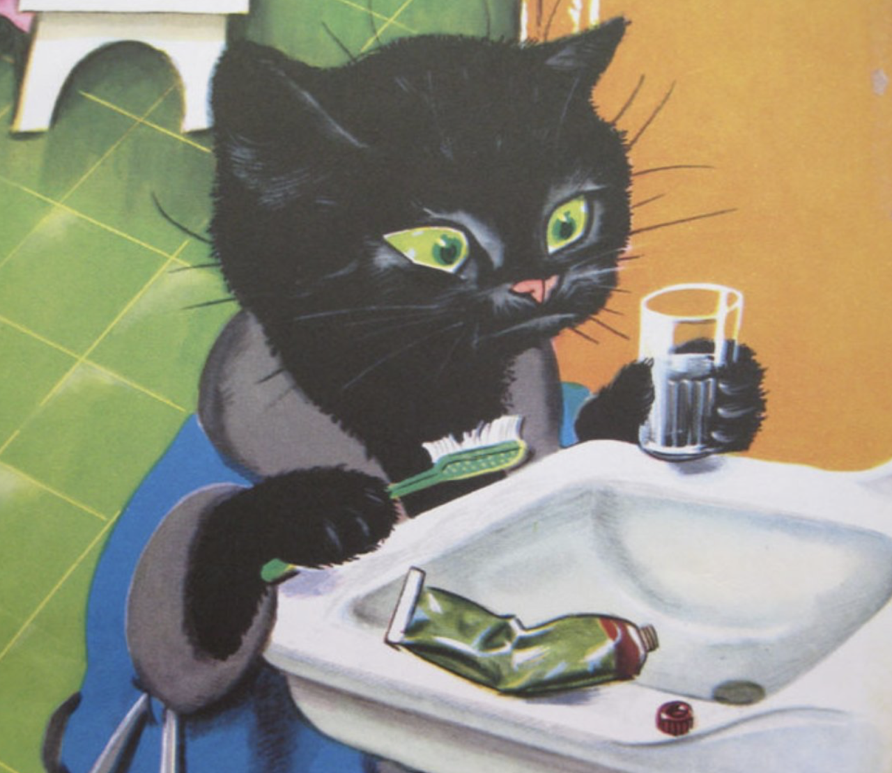 Кошка умывала нос. Кот с зубной щеткой. Котик умывается. Черный кот чистит зубы. Кот с зубной щеткой картина.