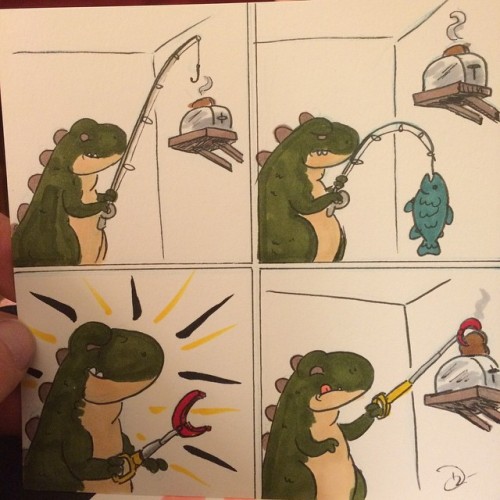 monkeyminionpress: Part 2 of the #disgruntled #dinosaur saga. WILL HE GET HIS TOAST?! #daneault #cal