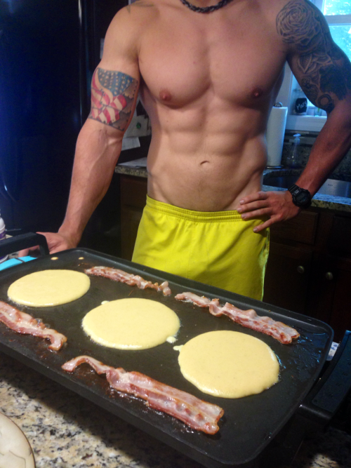 frombitchtobeast:  unofficiallycrossfitbanks:  the-young-volanoes:  mozartandtaebo:  unofficiallycrossfitbanks:  I couldn’t resist… It’s pancake Sunday and my husband is hot.  Reblogging for how bad ass you two are… and the bacon.   Holy shit.
