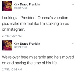 magicinhermadness:  odinsblog:America is Obama’s sad ex, and Obama is the ex who immediately glows up after the breakup. image credits: Jack Brockway  I can’t believe he’s really wearing less and going out more  Obama hair gonna be black again when