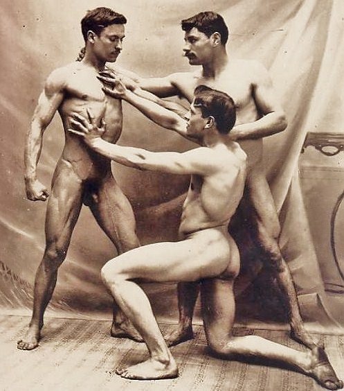 antique-erotic:  ggwookie:  Muscular trio, photographed around 1900. Source: antique-erotic, specifically here.  I had always intended to arrange these six photographs as a set once I had posted them all singly, now I need not take the trouble as someone