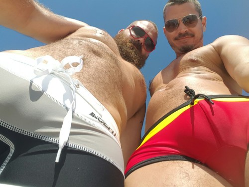 thebackyardboys:  Although we spend most of our time at Blacks Beach in the buff, it’s also a great opportunity for showing off our growing collection of swim trunks. Thanks Ebay!