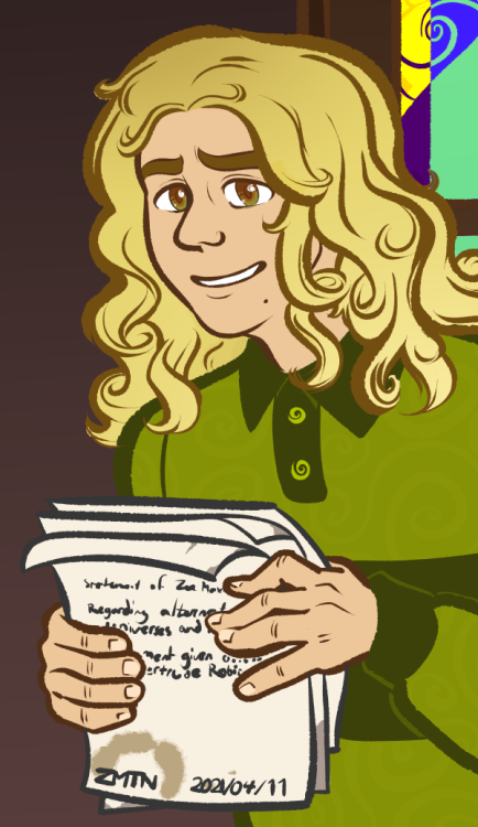 [image: the magnus archives fanart. Michael, with shoulder-length ringlets and a nervous, smiling fa