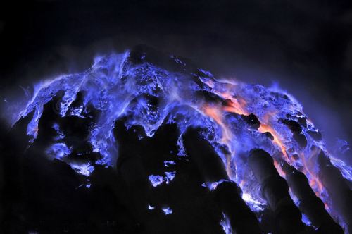 fotisha: The Kawah Ijen volcano in East Indonesia produces molten sulphur from vents in its sides, w