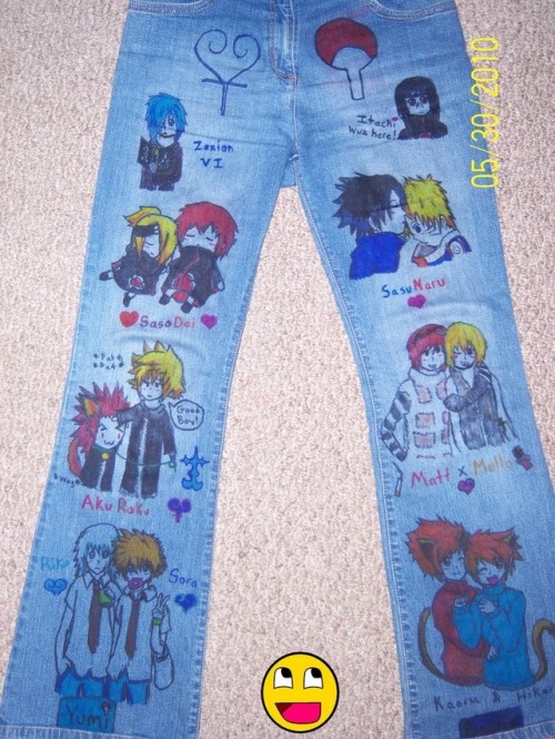 rinthelandshark: olive2001: i really had pants like these that my friend drew sasuke on while i wrot