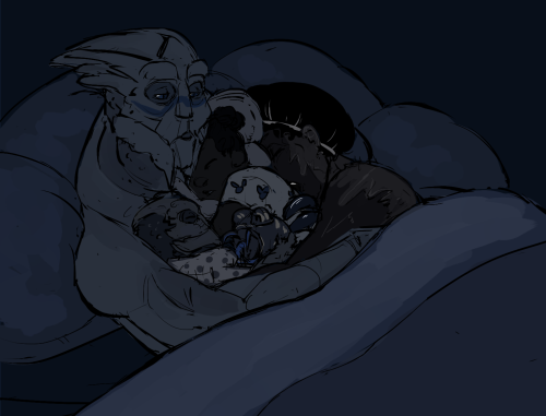 My mush levels have gone to maximum! Garrus reading a bed time story to his daughters while Shep enj